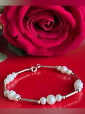 925 Silver Bracelet,Cultured White Pearl & Silver-Tone Tube Bracelet